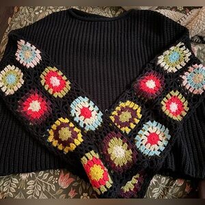 Alya Black Crewneck Sweater with Multicolor Crochet Granny-Square Sleeves
